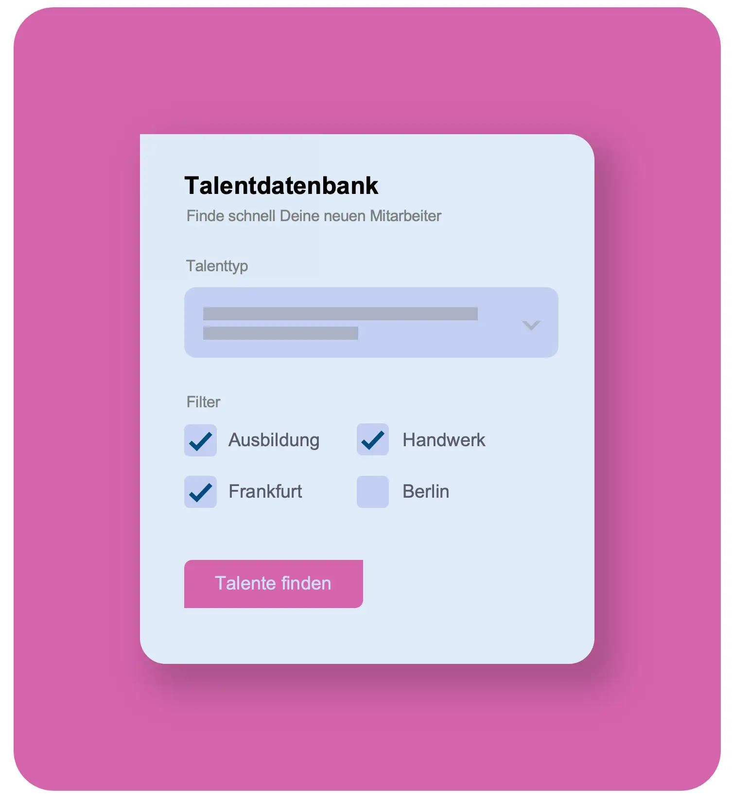 Suchfunktion der Talentdatenbank von YoungHeads. Ermöglicht unteranderem das Filtern nach Talenttyp, Ausbildung, Handwerk, Standort Frankfurt und Berlin.